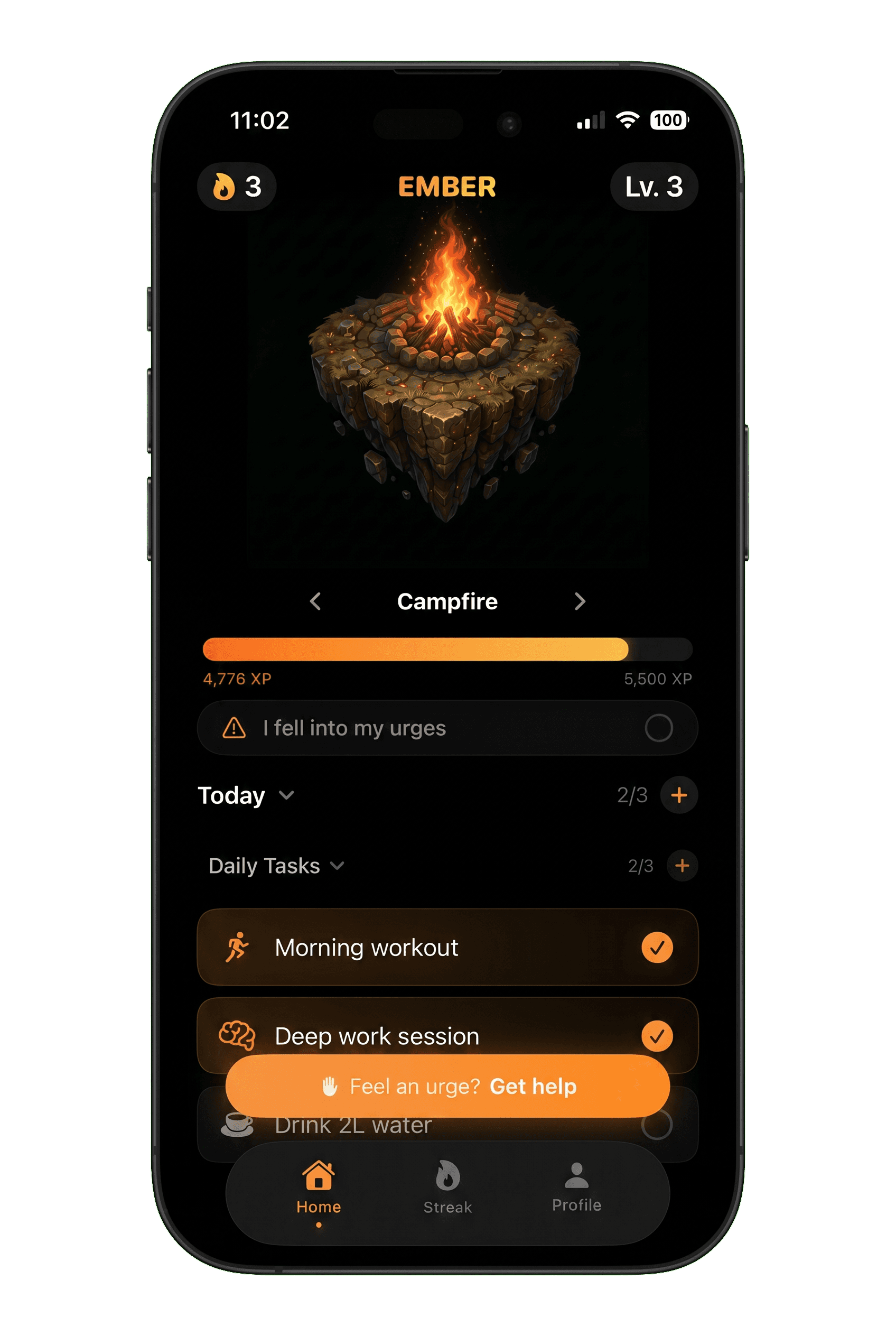 The Ember app home screen showing your Campfire level, XP progress, daily streak, and today's habits with a one-tap urge-support button.